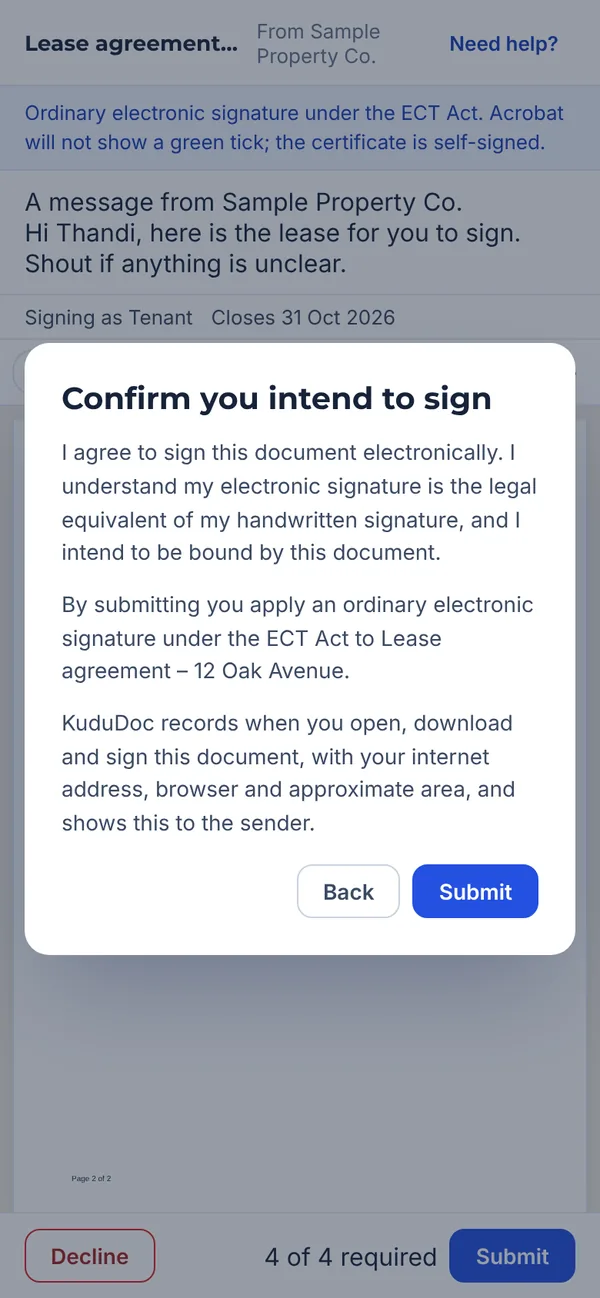 Confirm you intend to sign window with Back and Submit buttons