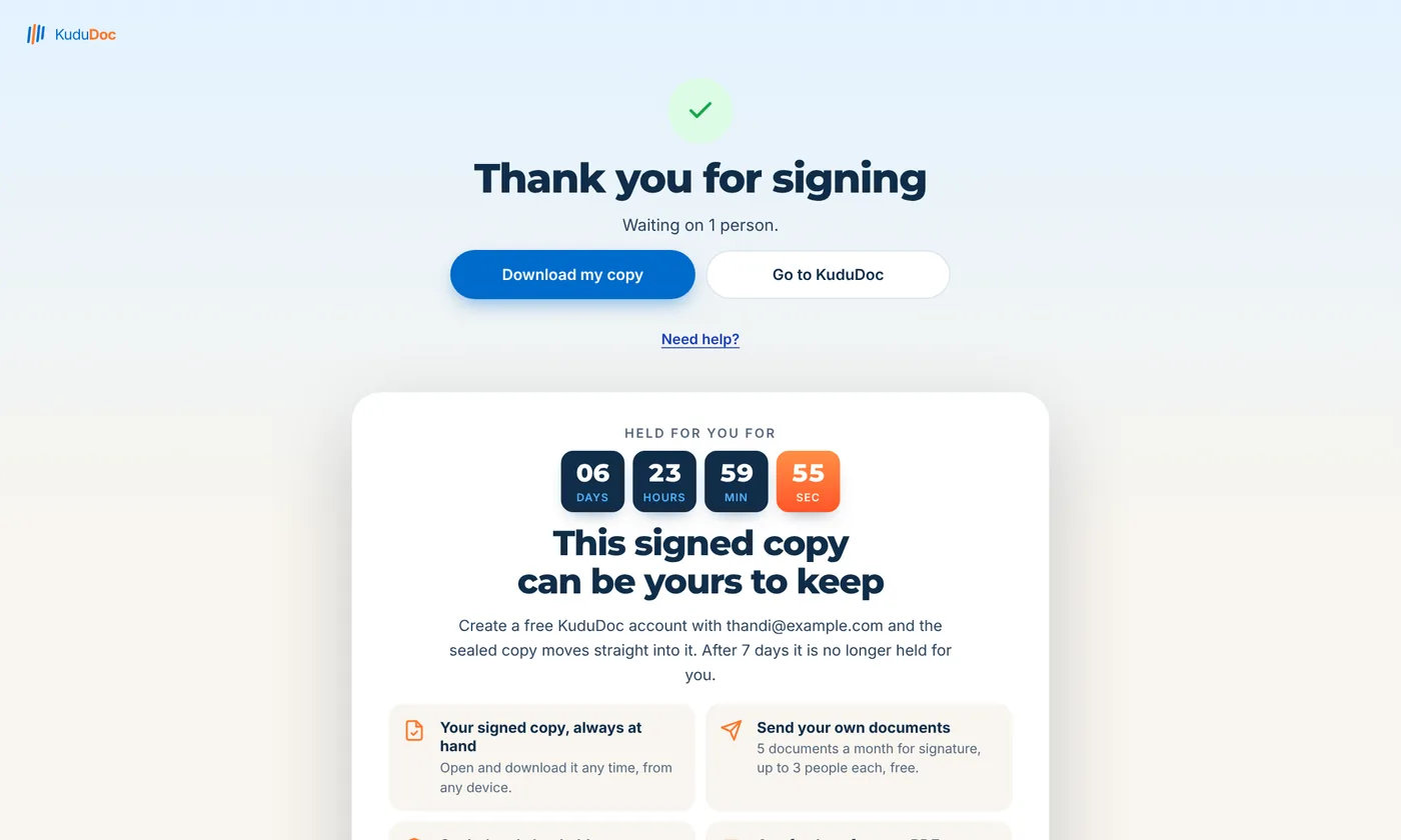 Thank you for signing page on a computer