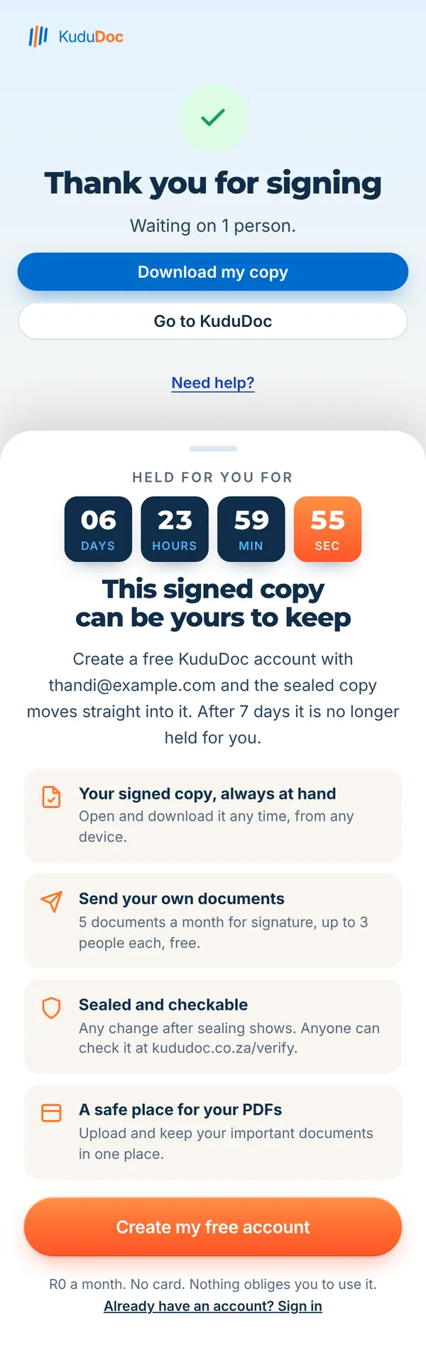 Thank you for signing page, with Download my copy and an optional free account