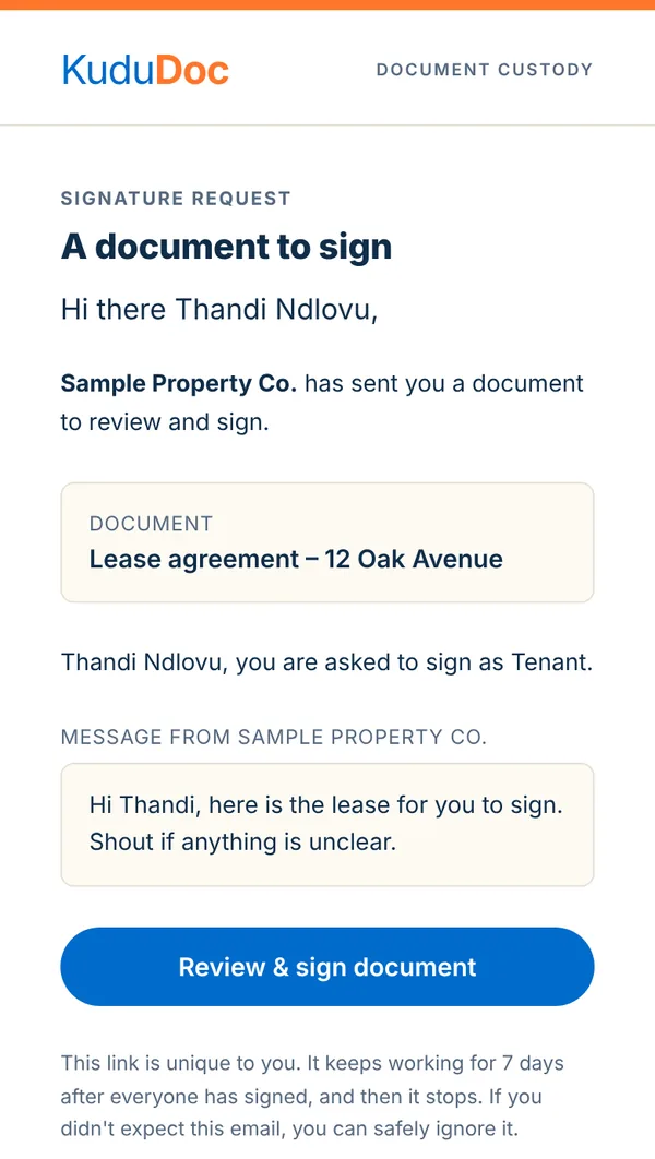 The KuduDoc email: A document to sign, with a blue Review and sign document button