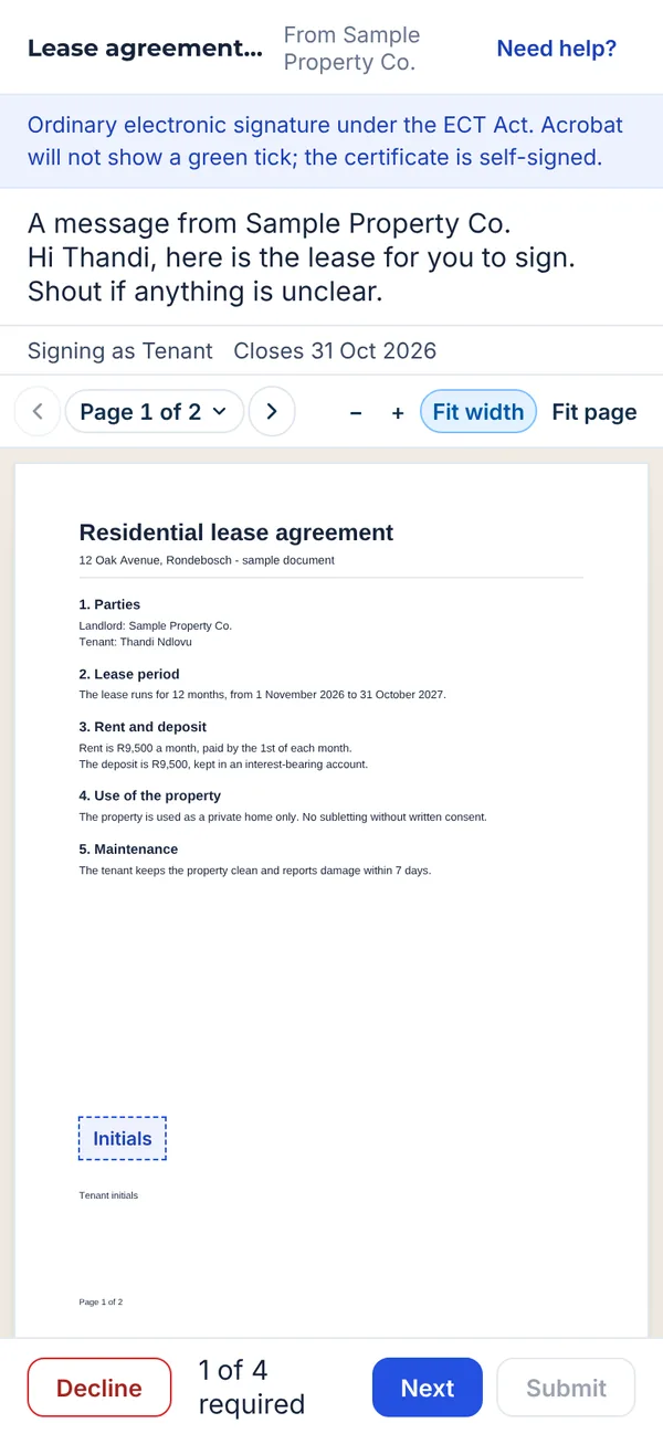 The document open on a phone, with an Initials box outlined in blue and a Next button at the bottom
