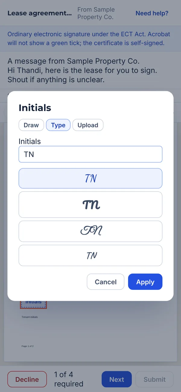 The Initials window with Draw, Type and Upload, the initials TN typed, and an Apply button
