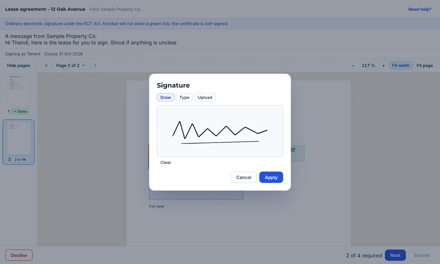 The Signature window on a computer with a signature drawn and an Apply button